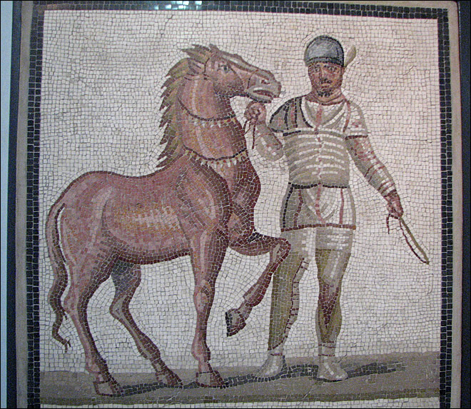 Mosaïque représentant un cocher de la faction blanche. Mosaïque du palazzo Massimo alle Terme
